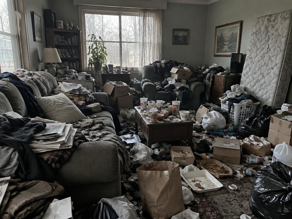 Living room buried under junk, furniture and bags before a trash out