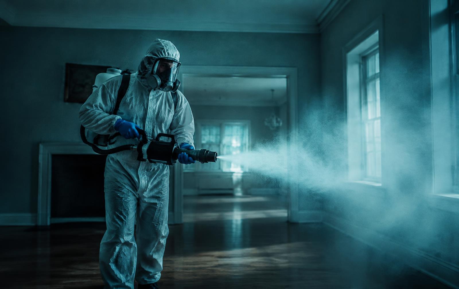 Technician misting a room